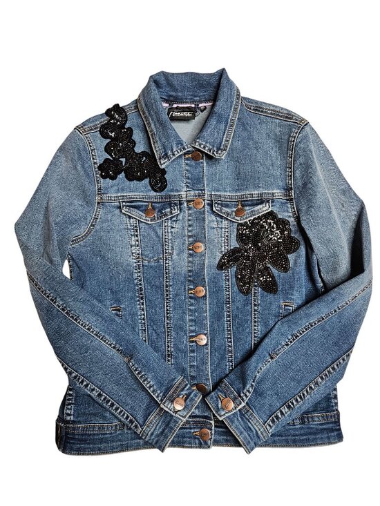 Nanette Lepore Jackets & Blazers - Nanette Lepore Womens XS Denim Button Jacket Black Sequin Floral Streetwear